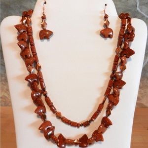 Copper goldstone two strand necklace with earrings.